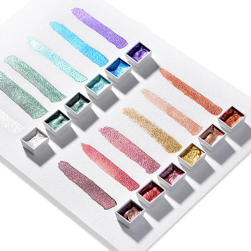 Box of solid pearlescent watercolour pigment blocks in gem, starlight, and pearl colours