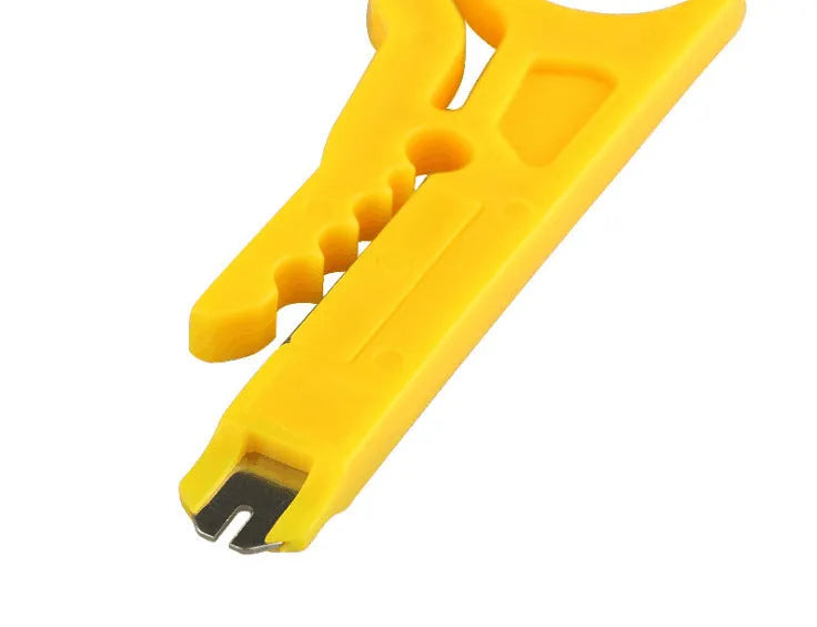 Yellow portable wire stripper tool showing adjustable mechanism and 0.6mm stripping diameter