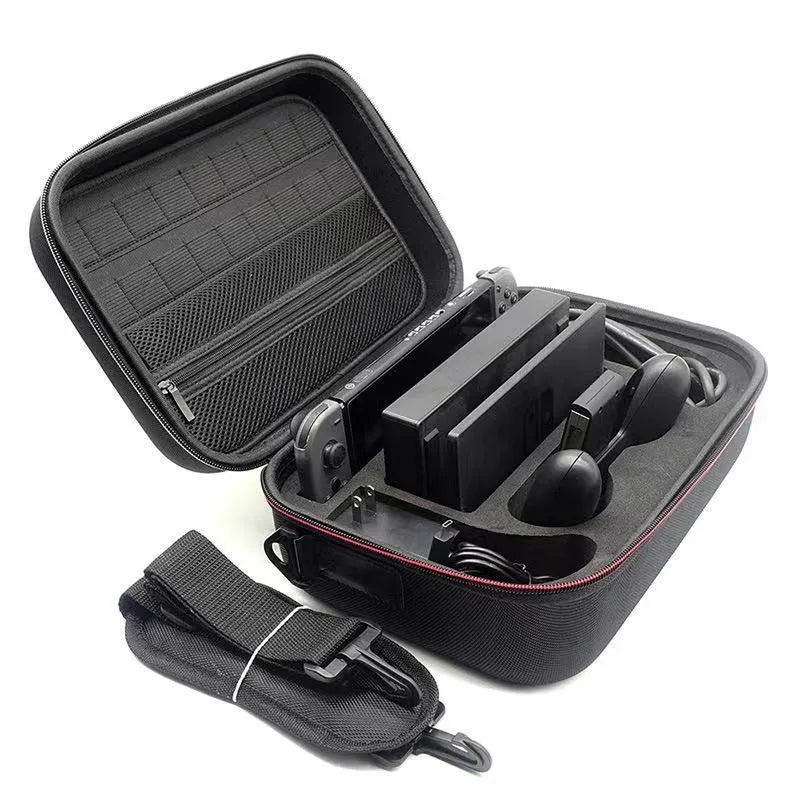 Black EVA game console accessory storage bag for organising controllers and cables.