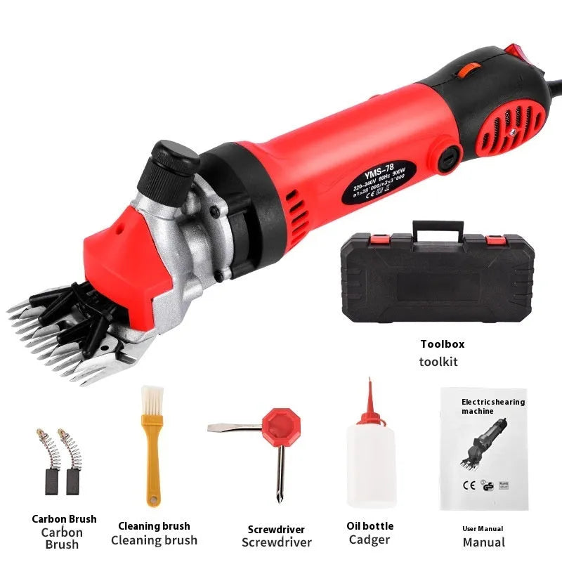 Yellow electric wool shears with 110V plug, multiple blade sets, and maintenance tools in plastic storage box