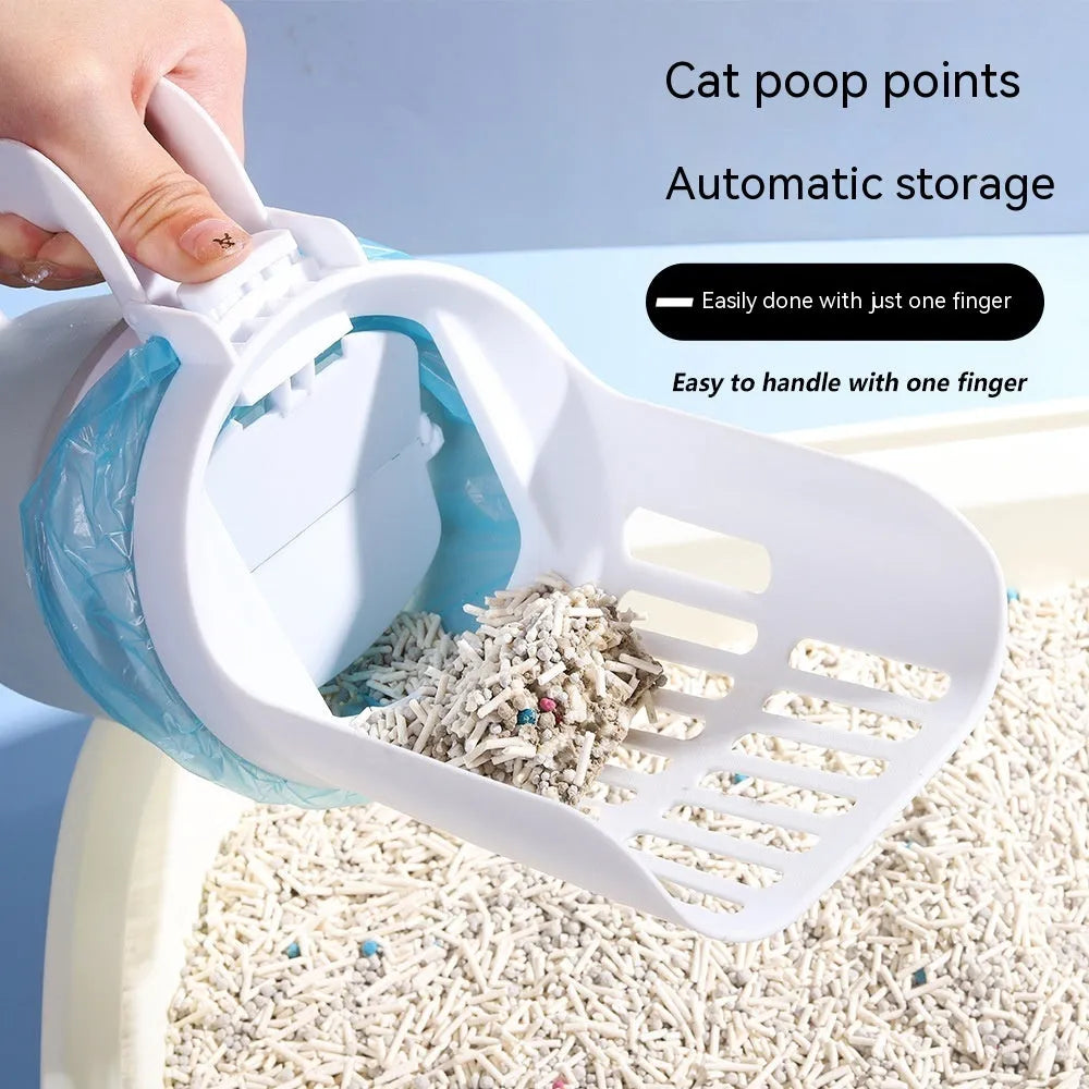 Grey foldable cat litter scoop and waste bin system with a non-slip handle and refill bags.