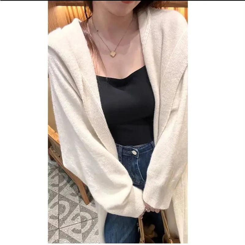 Women's Korean style hooded long knitted cardigan below knee length loose fit