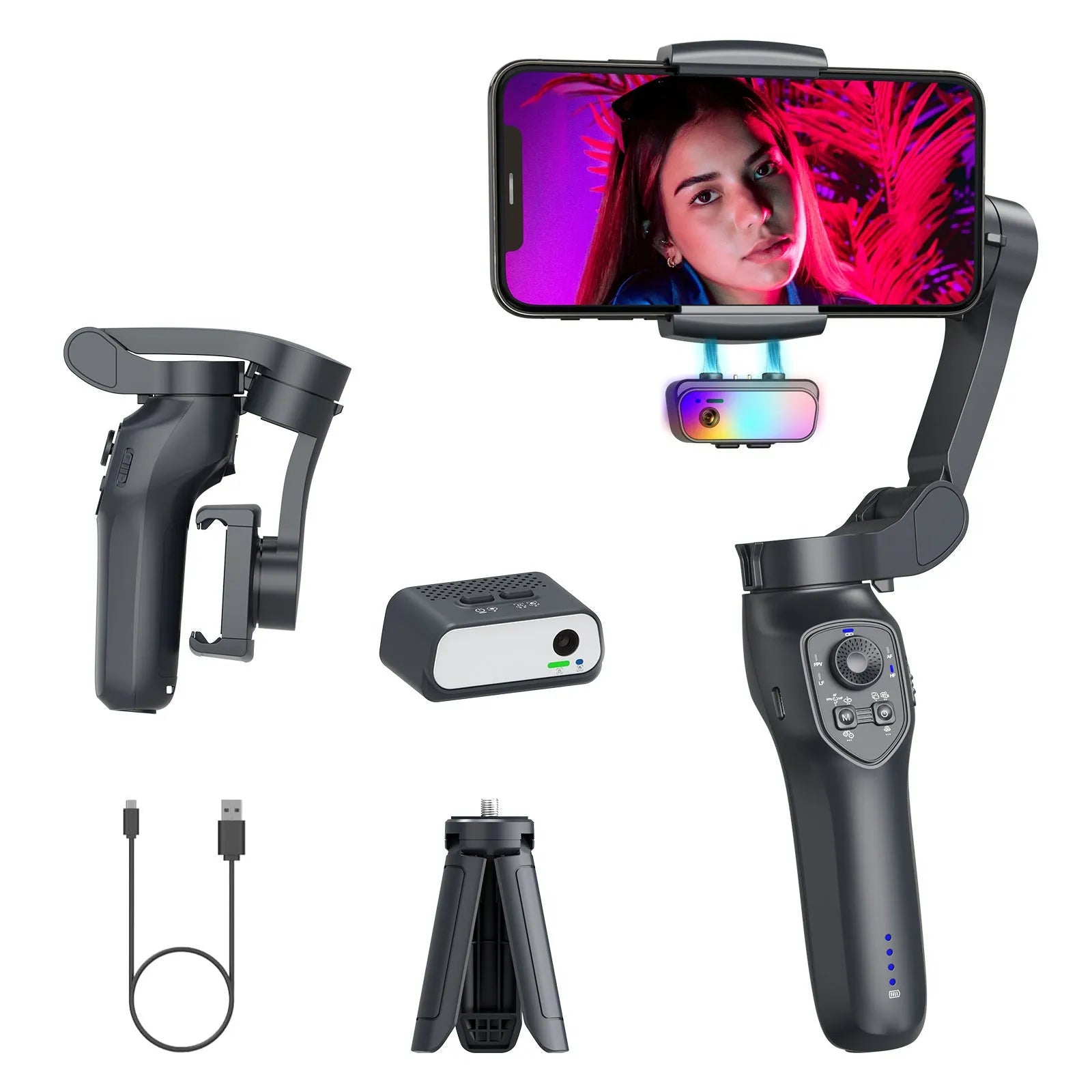 L7Cpro gun colour foldable handheld smartphone gimbal stabiliser with RGB lights.
