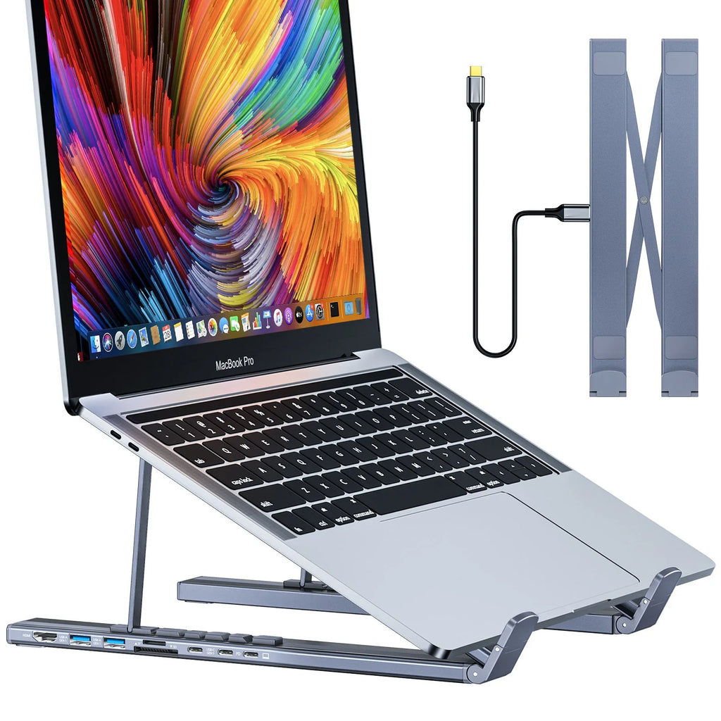 Aluminium alloy folding laptop docking station stand with multi-interface HUB ports visible