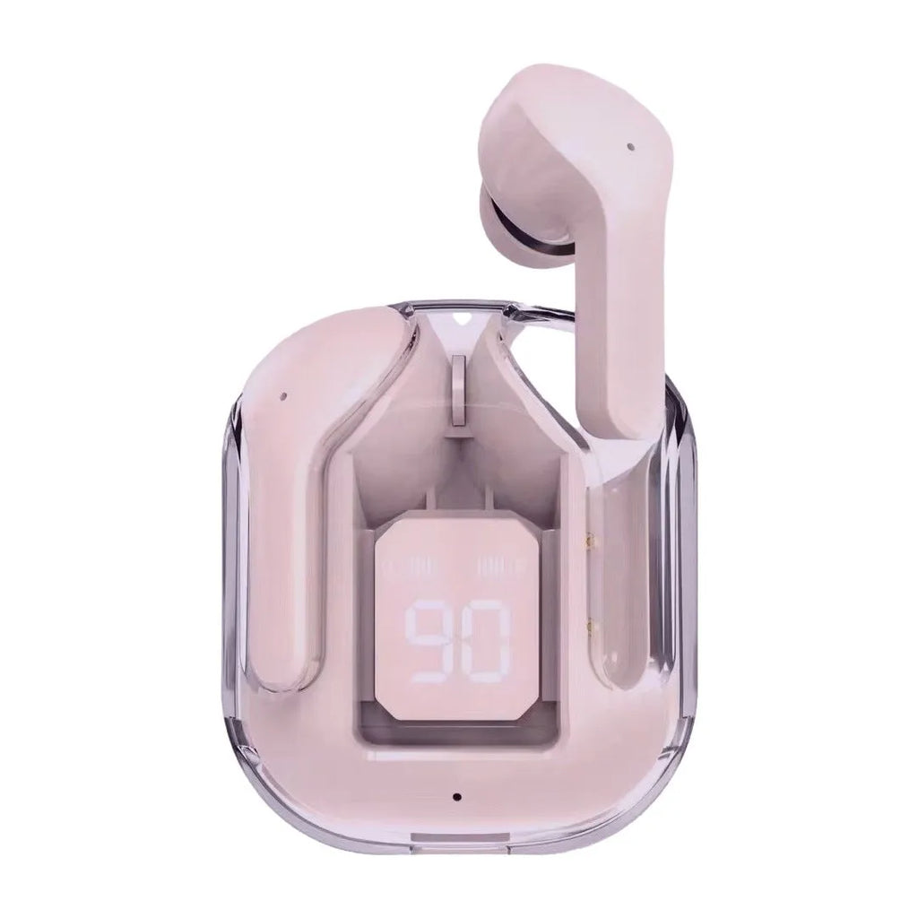 Transparent space capsule case containing true wireless Bluetooth earphones with digital display screen