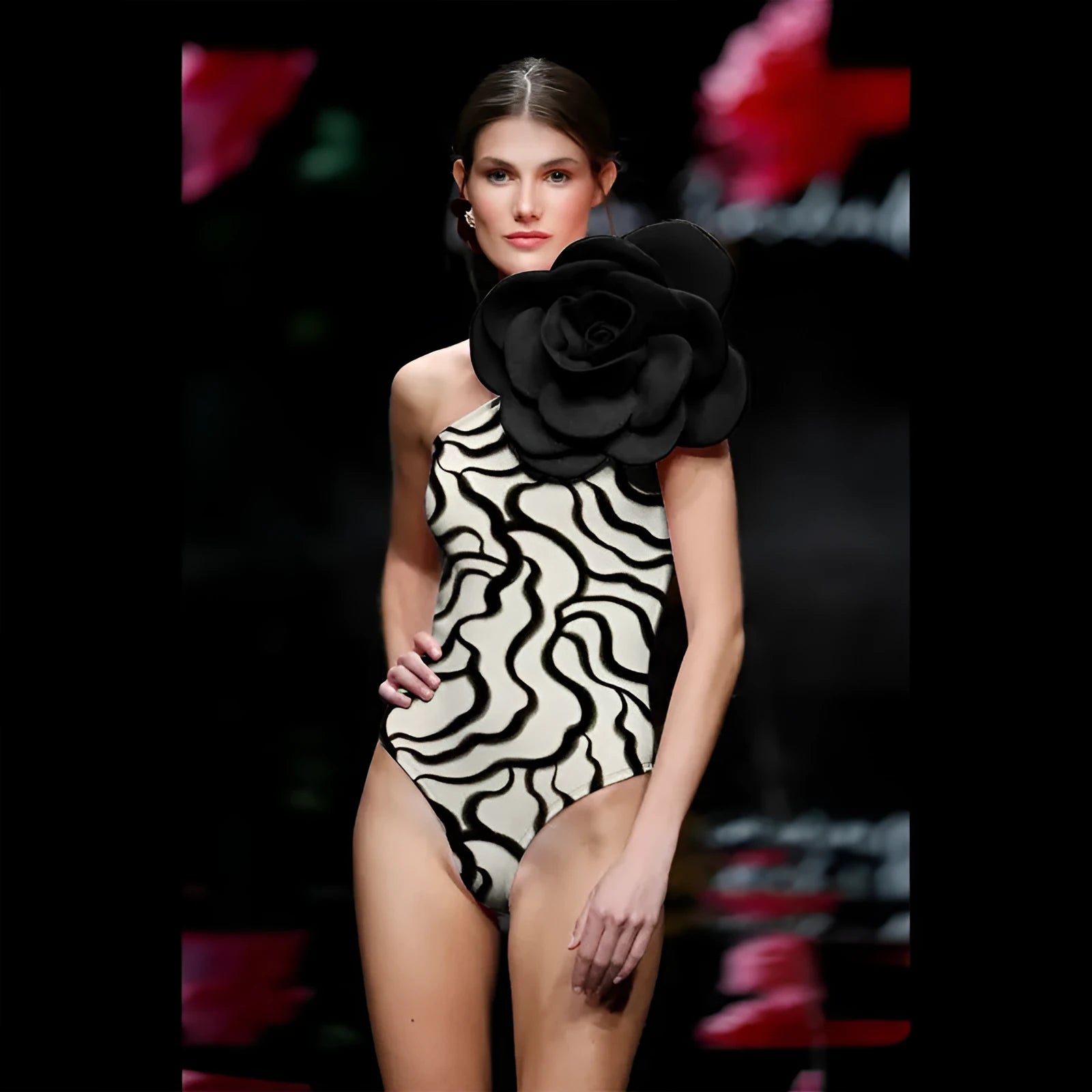 Nylon one-piece swimsuit with floral print, shown in European and American fit.