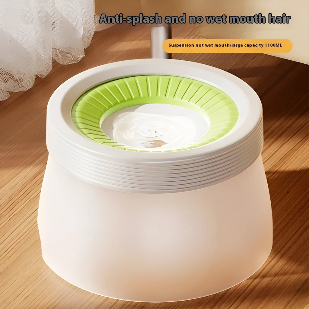 Green, blue, and brown pet suspension drinking bowl with separate base plate on a white background.