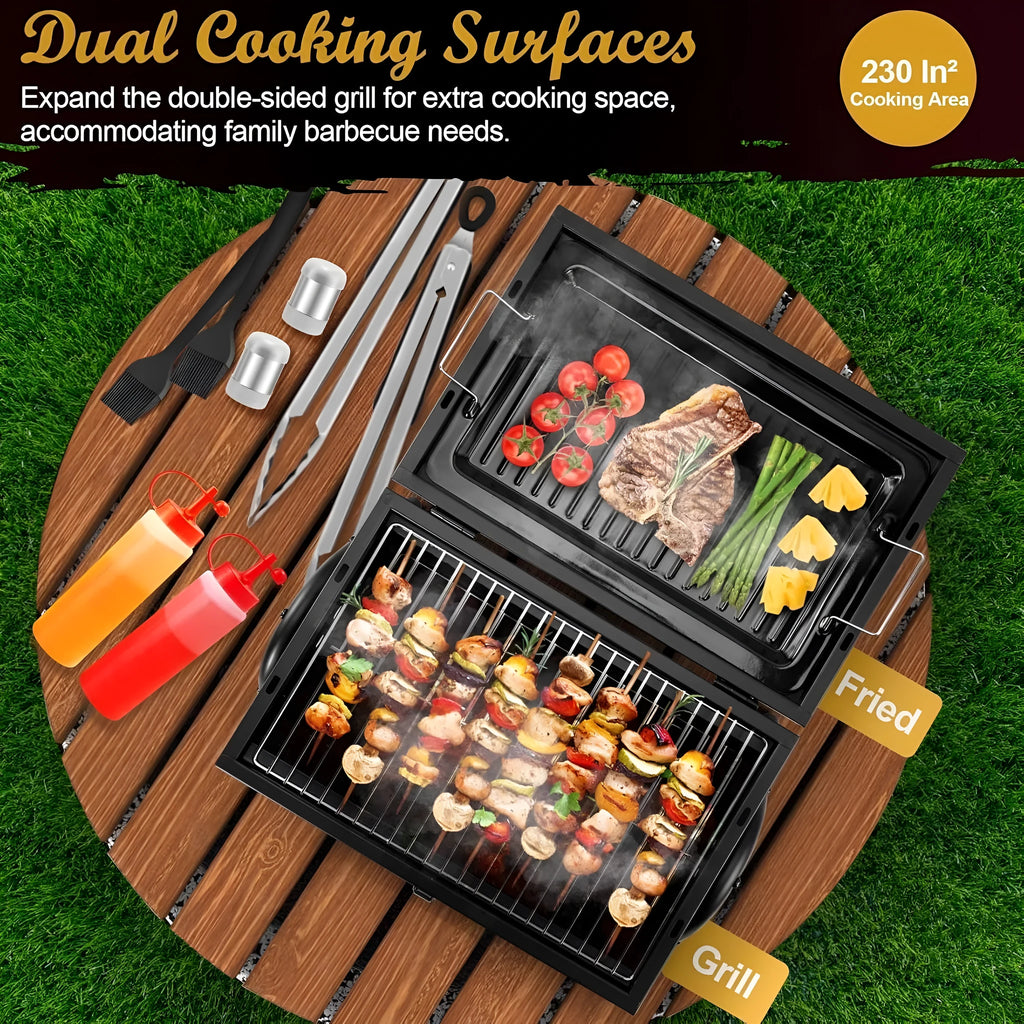 Small folding desktop charcoal barbecue grill shown in open cooking position