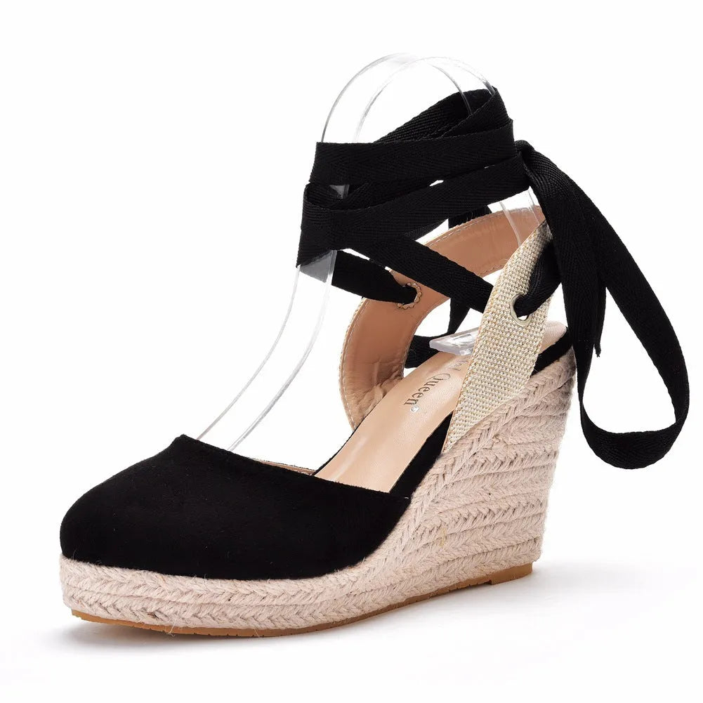 Women's apricot bohemian wedge sandals with bead decoration, buckle strap, and a platform sole.