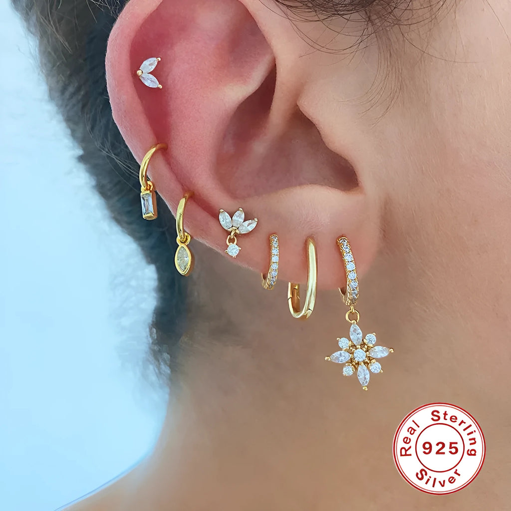 Sterling silver snowflake pendant earrings with gemstone accents in white gold or yellow gold colour options