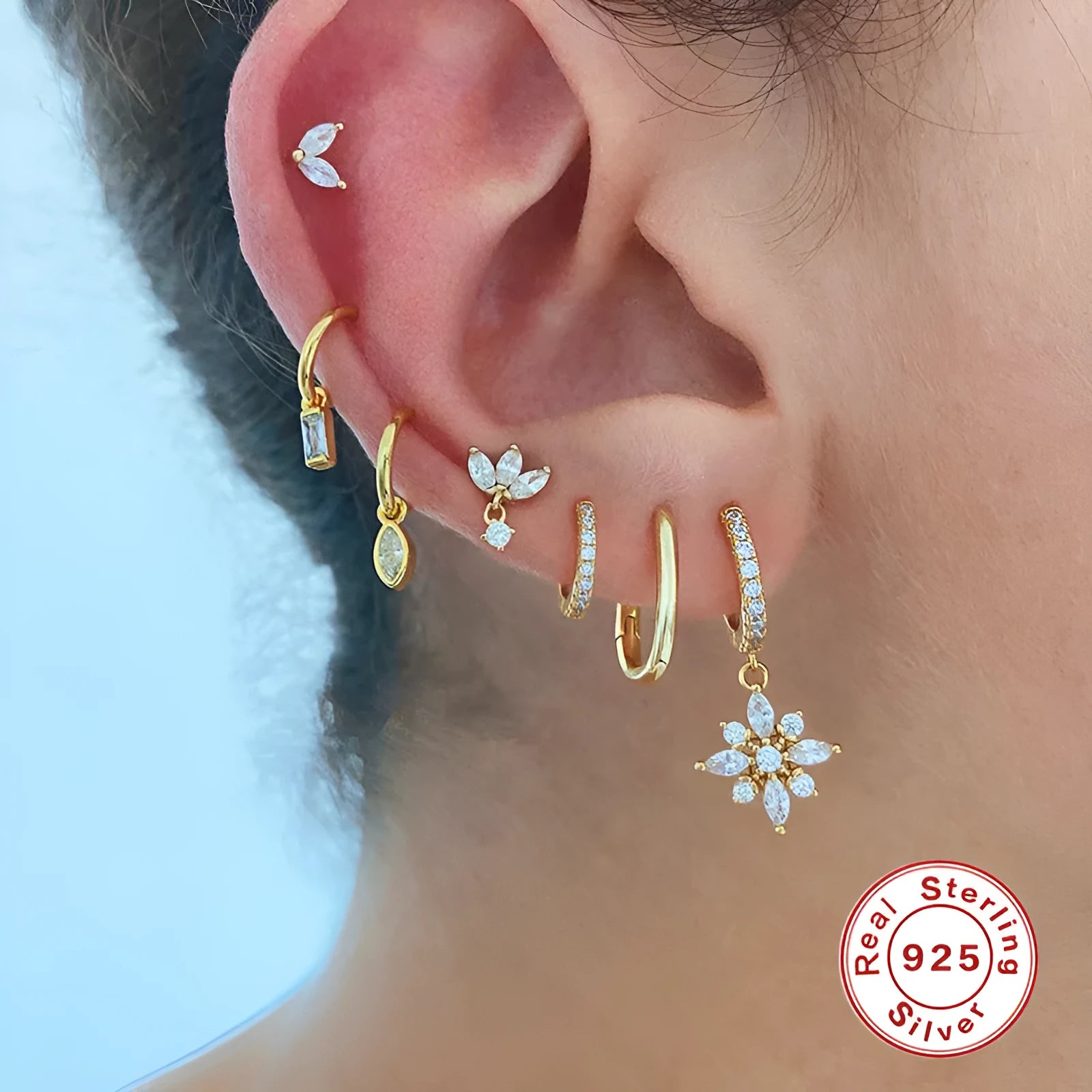 Sterling silver snowflake pendant earrings with gemstone accents in white gold or yellow gold colour options