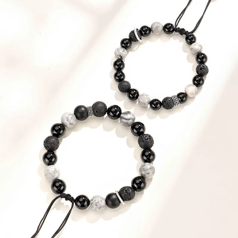 Black agate map stone and volcanic rock bracelet with diamond cut beads in 8mm and 10mm sizes