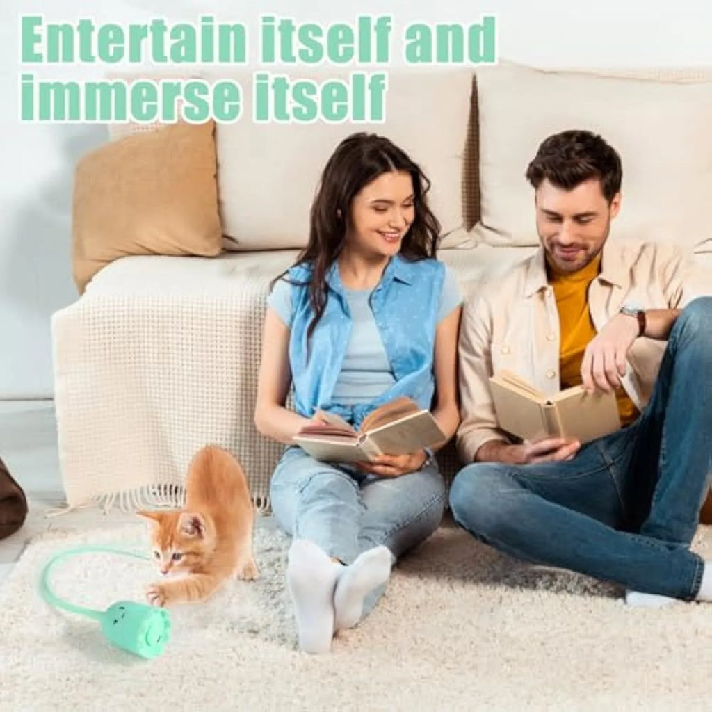 Electronic cat wand toy with multiple swinging silicone tails in green colour