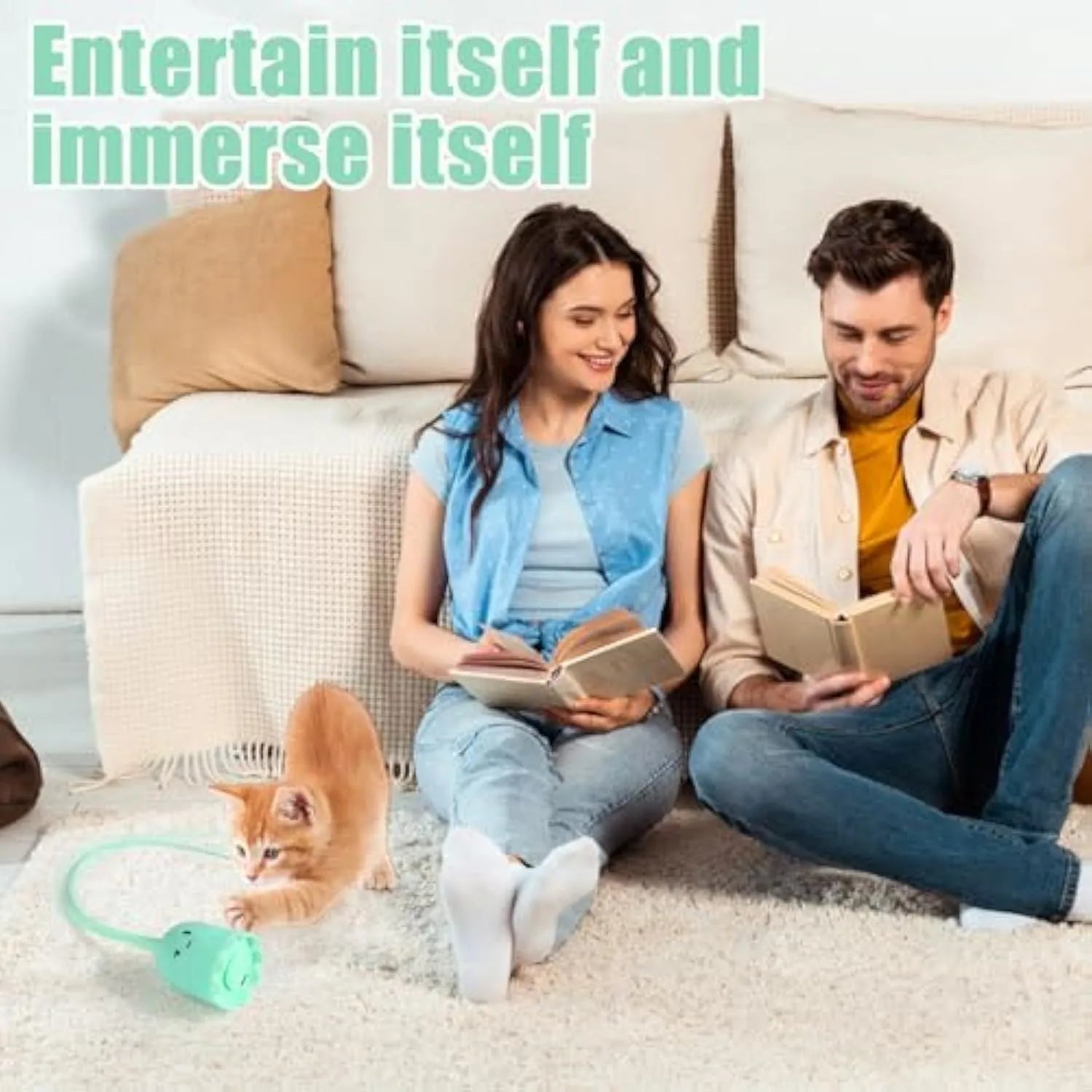 Electronic cat wand toy with multiple swinging silicone tails in green colour