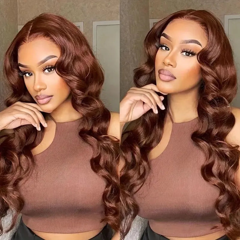 Women's front lace wig with long curly hair and side bangs in LY082 dark brown colour on display