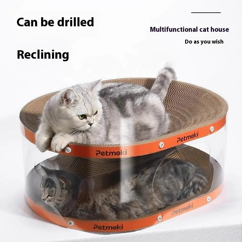 White transparent diamond pattern PVC cat tunnel attached to a corrugated cardboard scratch board, 58cm long.