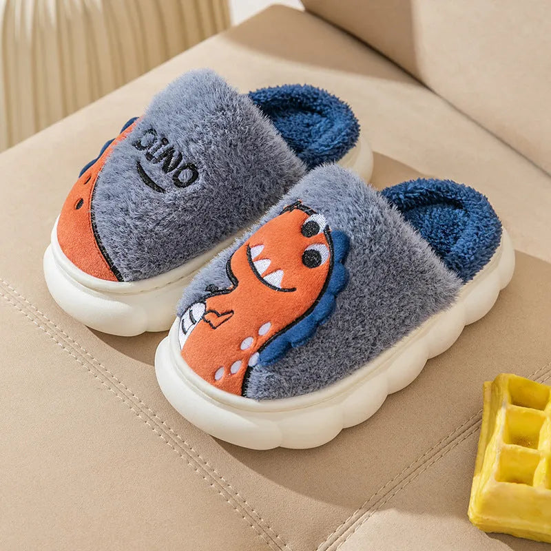 Cotton plush couple slippers with dinosaur patterns in grey, coffee, and orange colour options