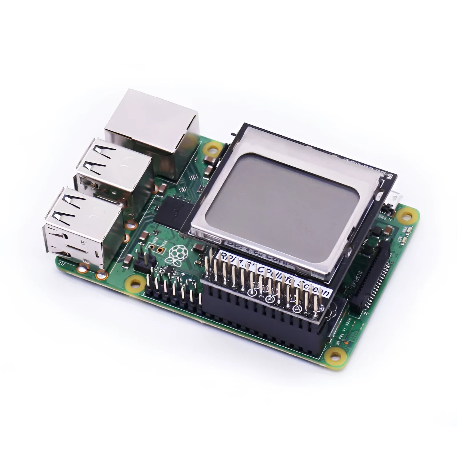 Raspberry Pi 1.6 inch LCD display screen showing CPU information with backlight switch