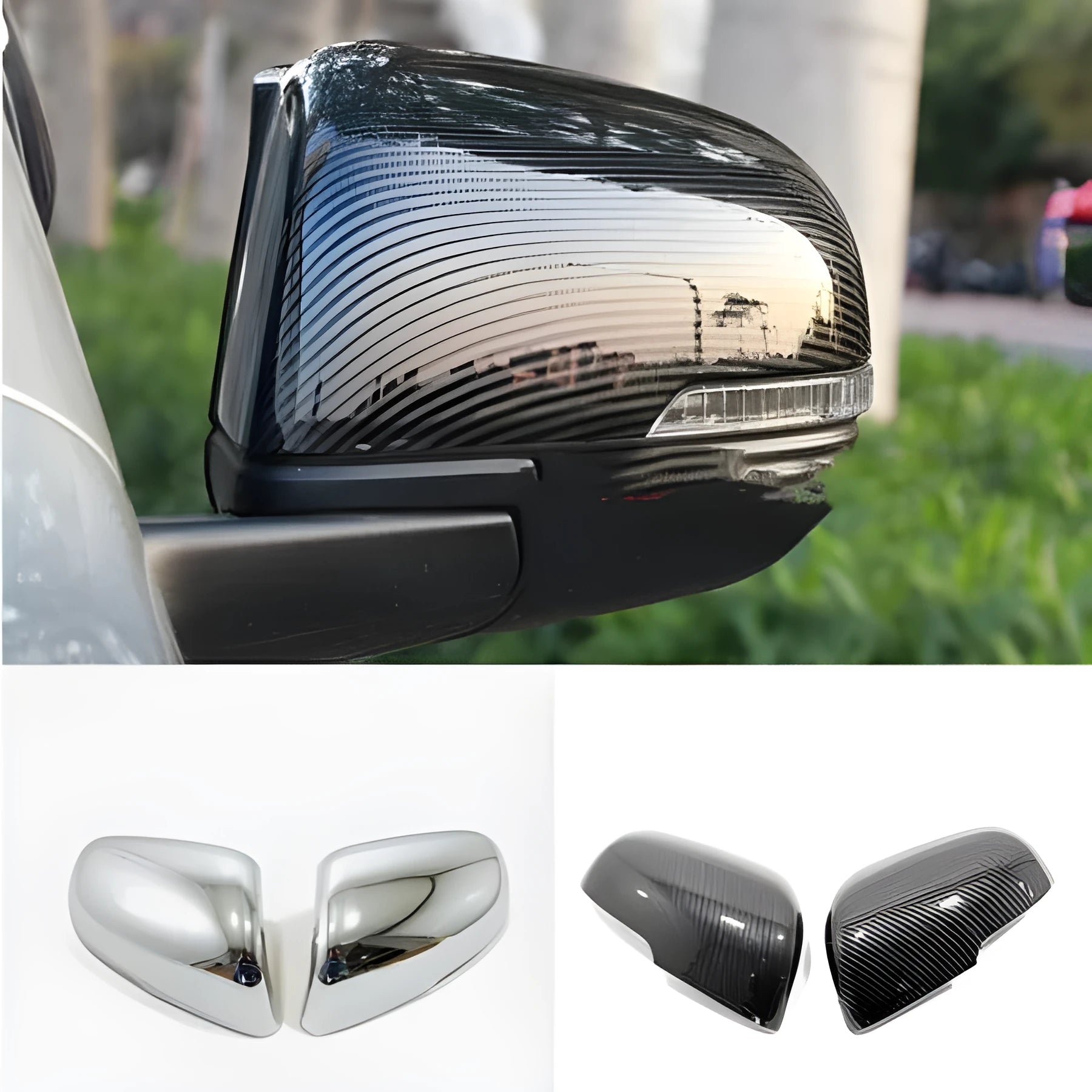 Plastic rearview mirror protection covers in silver and black finishes for vehicle scratch protection