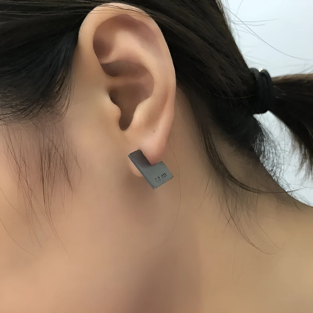 Sterling silver geometric square earrings with oxidation black finish, 16mm minimalist ring design.