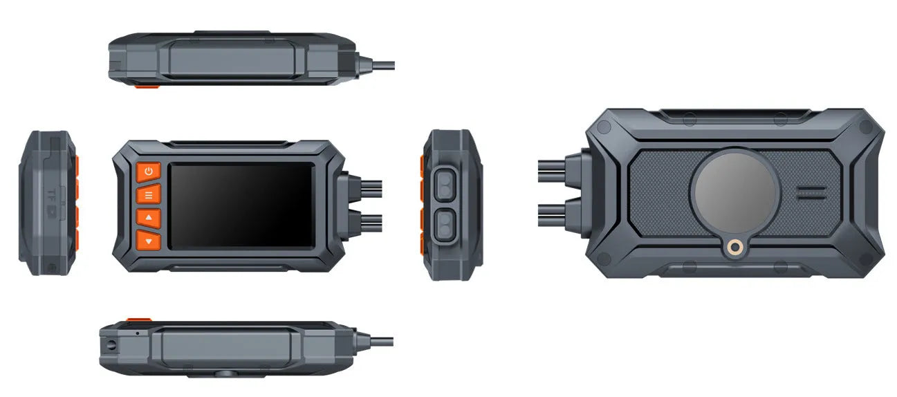 Motorcycle dash cam system with dual lenses, 3-inch display, GPS module, and mounting accessories.