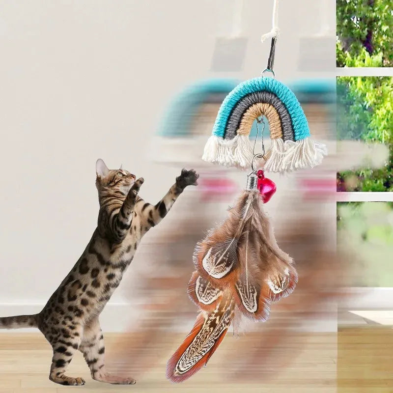 Rainbow feather cat rope door swing toy with elastic cord and sticky buckle clamp