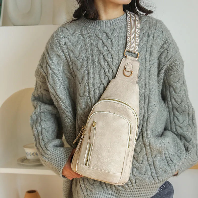Women's soft PU crossbody chest bag in street trend style with zip compartments