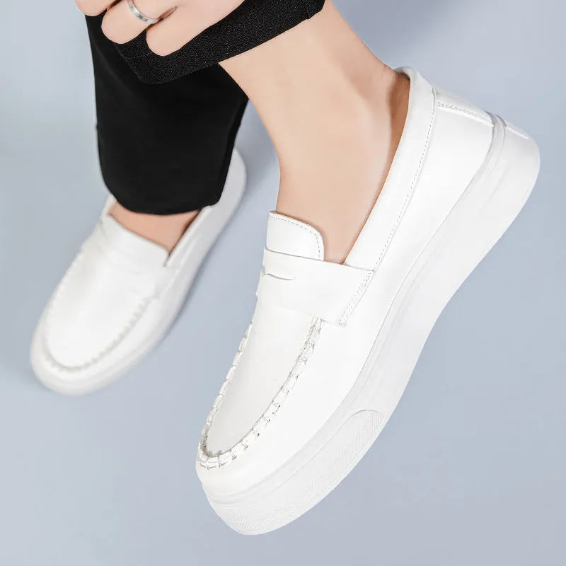 Men's casual PU leather slip-on loafer in British style with round toe, shown in khaki colour.