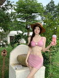 Pink and black three-piece polyester bikini set with briefs styling for swimming