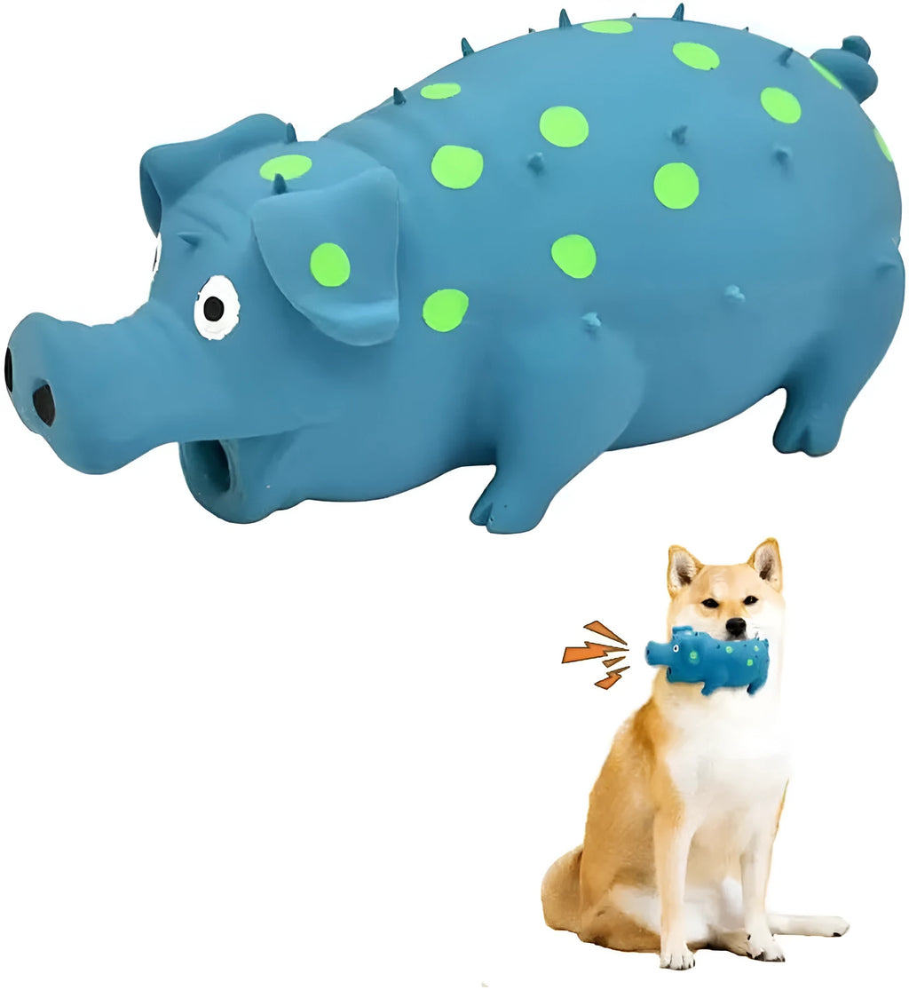 Latex pig-shaped dog chew toy with textured surface and squeaker in multiple colour options