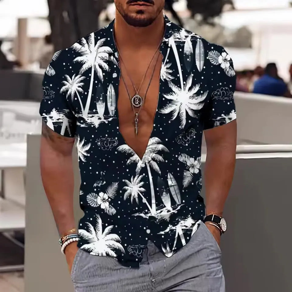 Man wearing a loose-fitting short sleeve shirt with a colourful floral pattern, cardigan style.