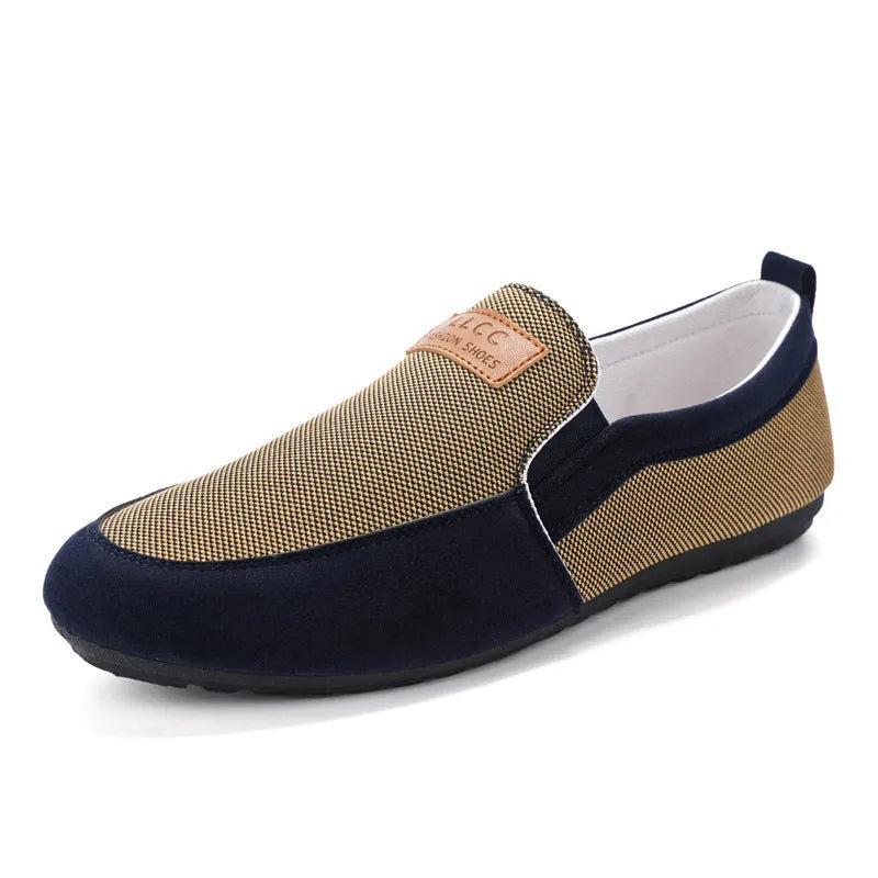 Men's grey and khaki canvas board shoes with round toe and rubber soles
