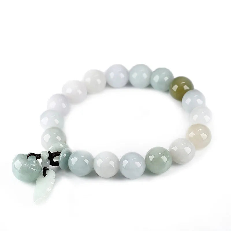 Natural jade bracelet with geometric pendant and hanging charms including Maitreya Buddha, gourd, and double apple designs