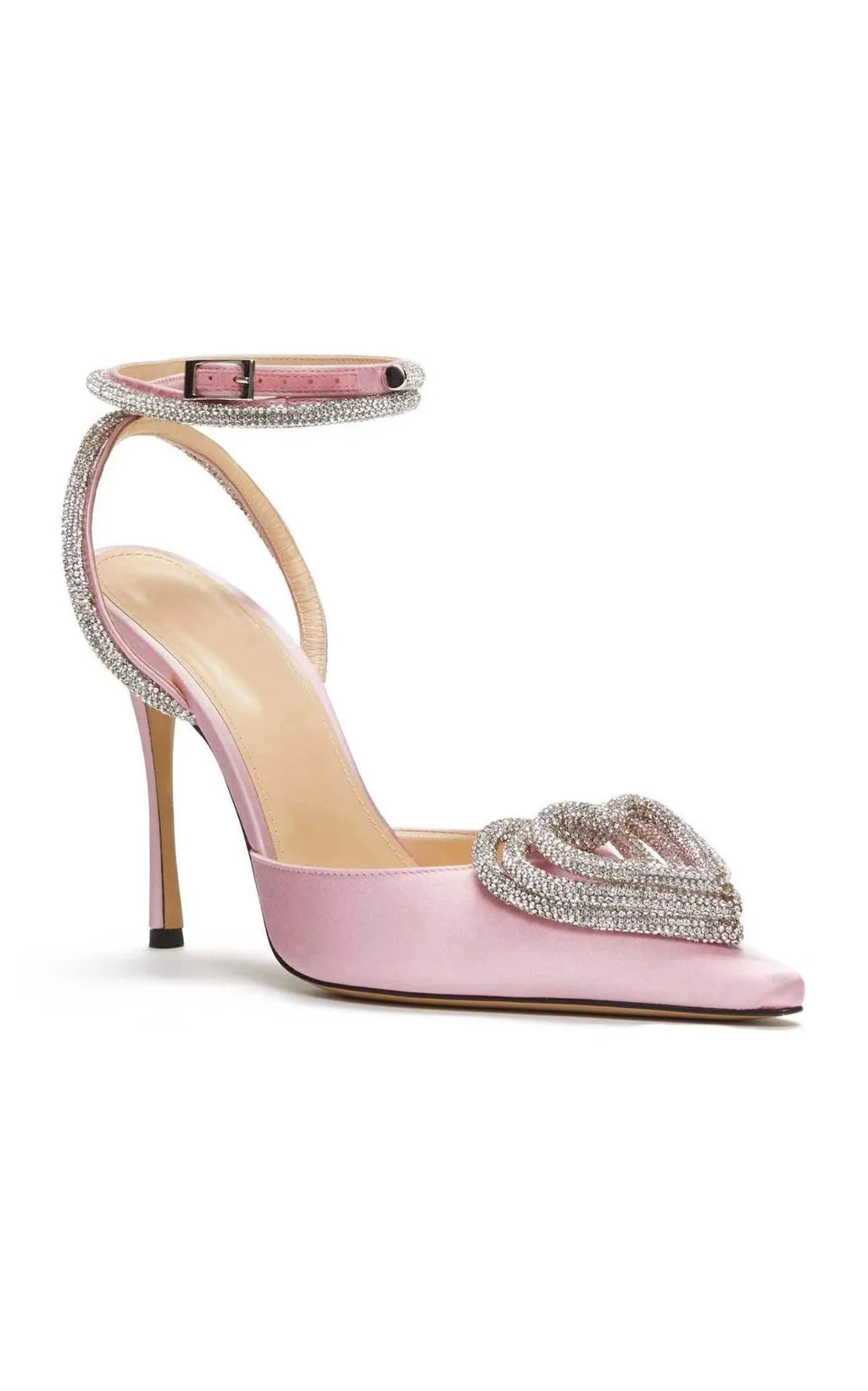 Women's pink satin sandal with pointed toe, heart-shaped rhinestone, and adjustable cross-band strap.