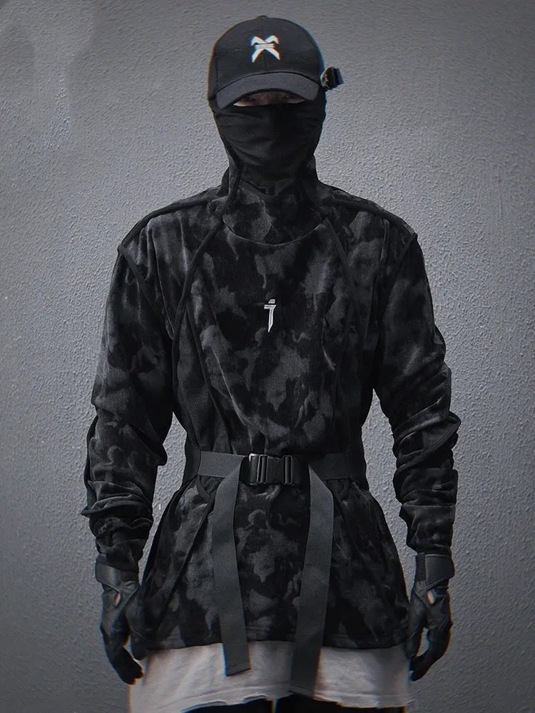 Men's black tie-dye printed sweater with finger turtleneck and drop-shoulder sleeves