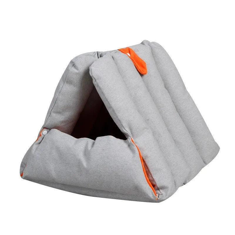 Triangular blue cat nest with drilled holes for combination, removable cotton cover