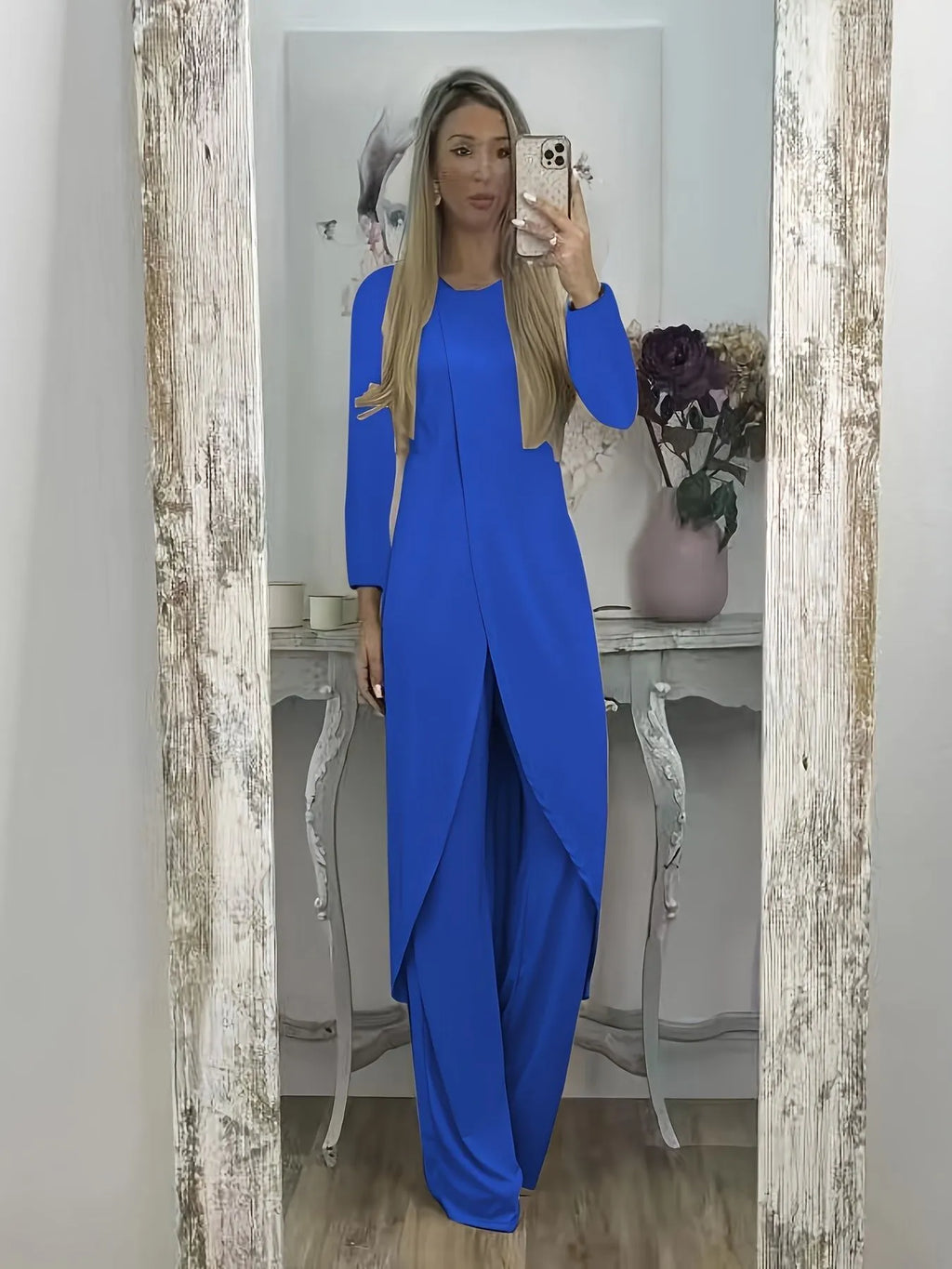 Women's long sleeve round neck shirt and trousers two-piece casual set in black.
