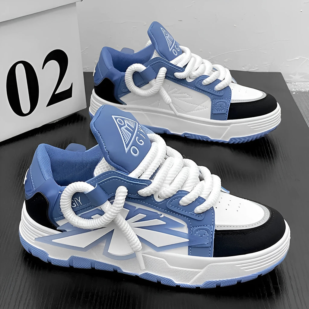 Men's black chunky sneakers with a cartoon totem pattern on the synthetic leather upper.