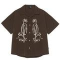 Brown striped Cuban collar short sleeve shirt for outdoor camping.