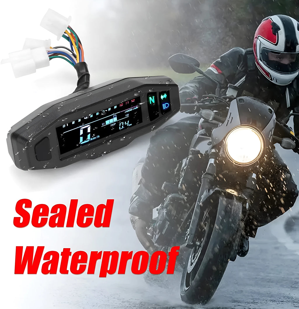 Black mini motorcycle speedometer LCD unit showing fuel gauge and display.