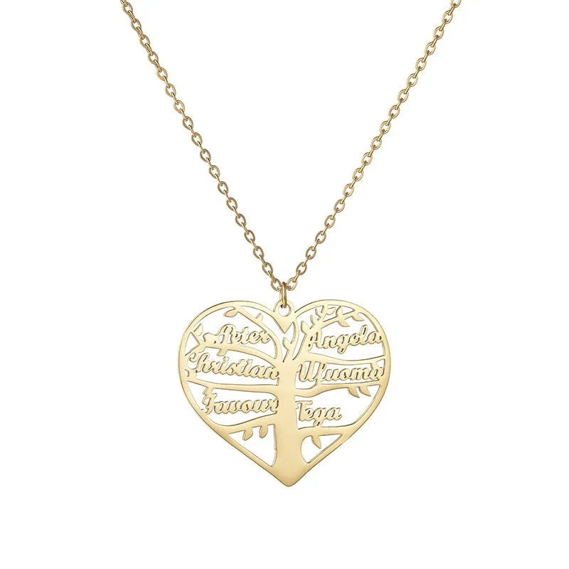 Custom stainless steel name necklace with hollow heart and tree pendant on an adjustable chain in silver tone