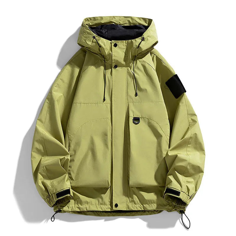 Men's black waterproof hooded jacket on a hanger, shown in a regular length with long sleeves.