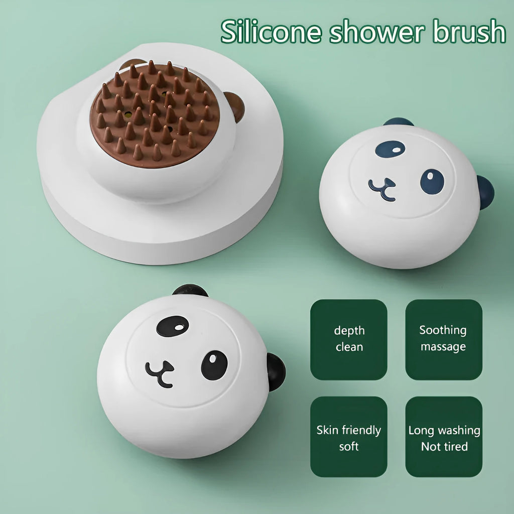 Panda-shaped silicone pet bath brush with soft bristles for cleaning dogs and cats.