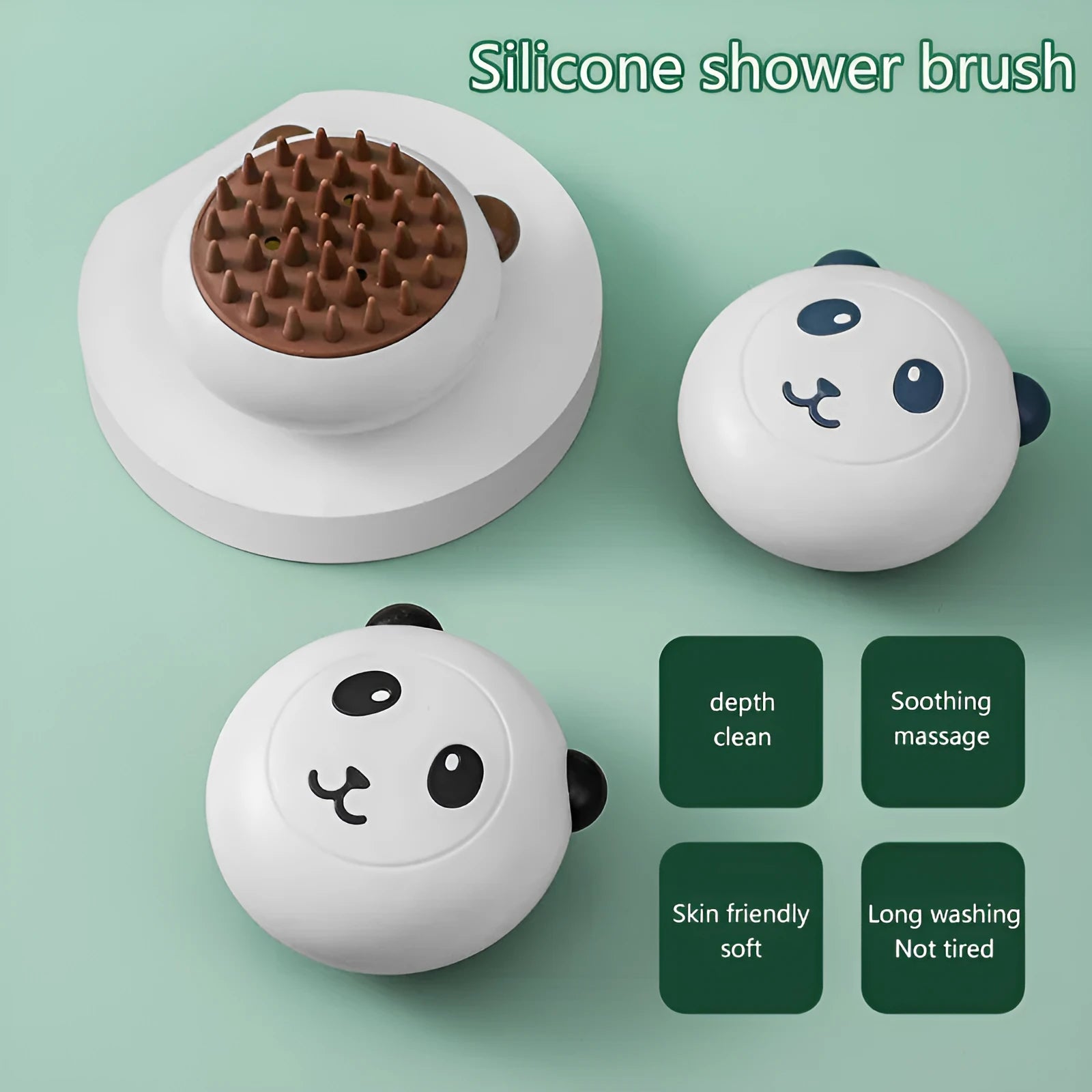 Panda-shaped silicone pet bath brush with soft bristles for cleaning dogs and cats.