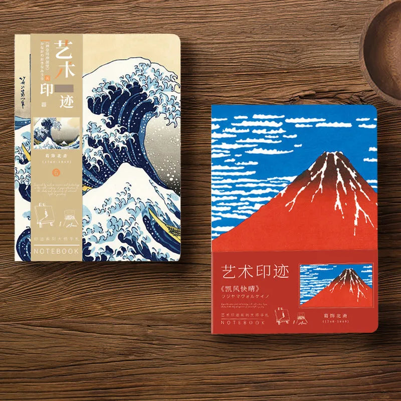 Ukiyo-e series hand ledger notebook showing The Great Wave Off Kanagawa artwork cover, open to show 100g Daolin paper pages