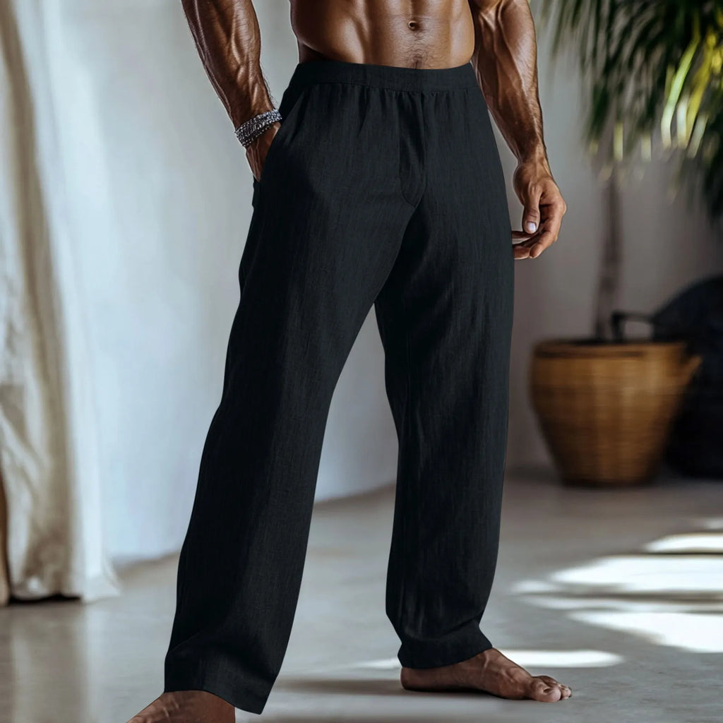 Men's straight-leg casual trousers in a cotton and linen fabric blend, shown in a solid colour.