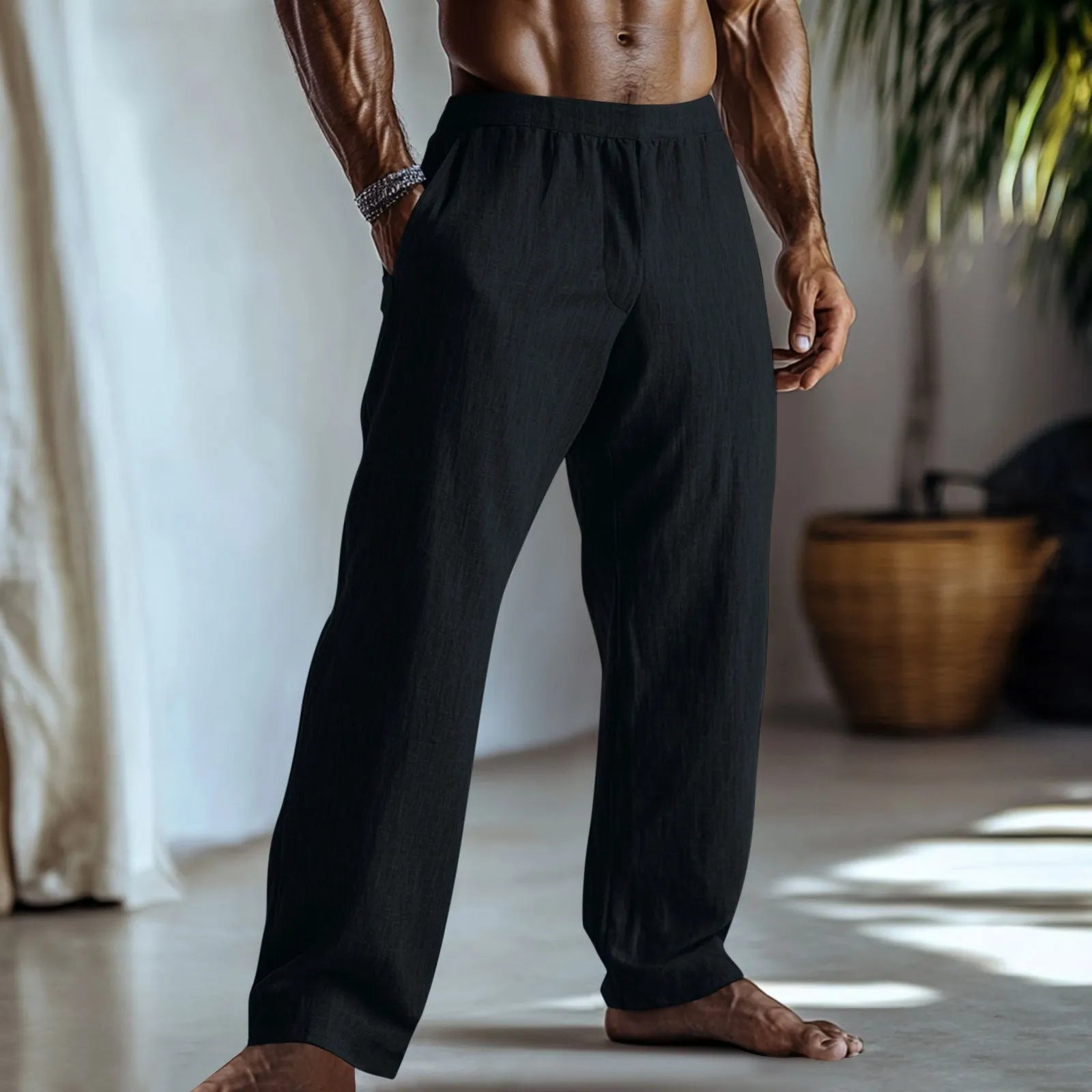 Men's straight-leg casual trousers in a cotton and linen fabric blend, shown in a solid colour.