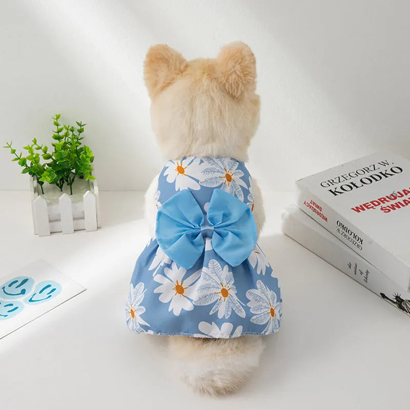 Ultra-thin light orange pet dress for a small dog with a floral butterfly knot on the back.