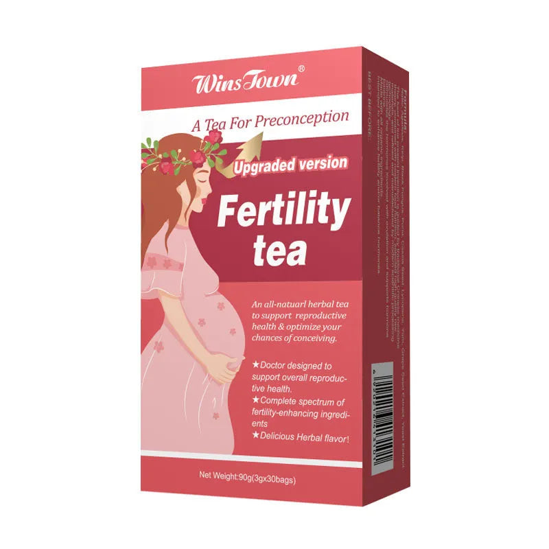 A box of fertility tea containing 30 individual herbal tea bags for preconception support.