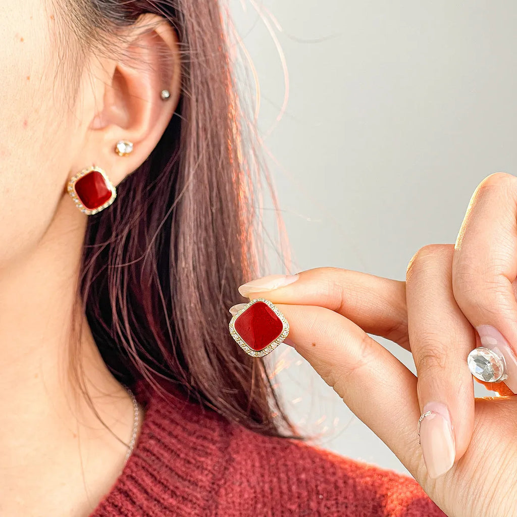 Red alloy geometric square earrings with a retro inlaid design for women